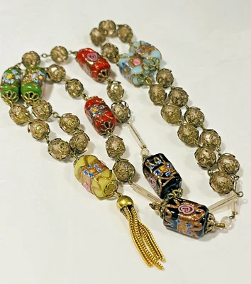 Vintage Venetian Murano Wedding Cake Multicolor Glass Bead Necklace 28” Tassel - Image 1 of 4