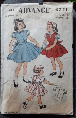 Advance 6251 Vintage 50's Childs Blouse & Jumper Sewing Pattern Complete Sz. 8 - Image 1 of 2