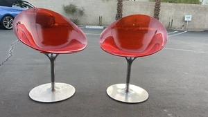 PAIR 2 RED Kartell EROS Phillipe Starck Acrylic Swivel Chairs Chrome Base MCM - Picture 1 of 17