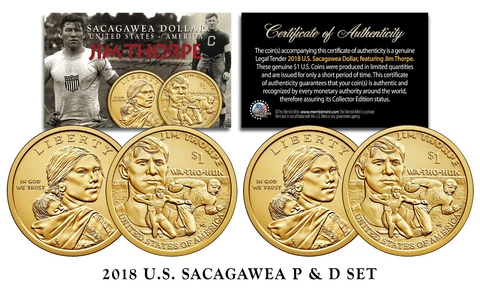 2018 US Mint Native American JIM THORPE $1 Dollar Sacagawea Coin Set - Both P&D Cover