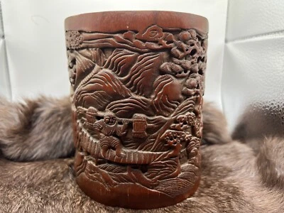 Antigua maceta de bambú china antojo con gente Zhulinqixian Foto 1 de 4