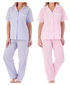 Juego de pantalones pijamas para mujer Seersucker a rayas PJs Slenderella con botones - Imagen 1 de 25