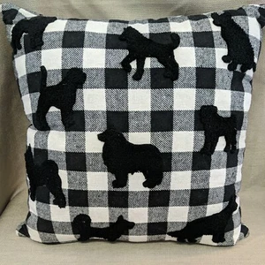 17"x17" Flannel Pillow Black & White Gingham w/ Dog Silhouettes - Picture 1 of 2