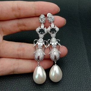 White Sea Shell Teardrop  Pearl Clear Cz Pave Insect Stud Earrings - Picture 1 of 8