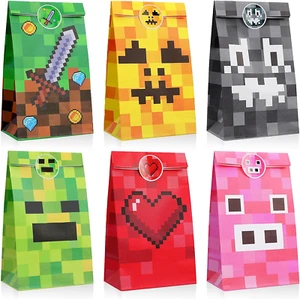 24 Pcs Party Bags for Pixel Miner Theme Party, Kraft Paper Treat Goodie Bags for - Picture 1 of 7