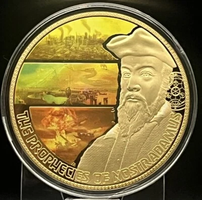 2017 PHROPHECIES OF NOSTRADAMUS 2.75" Gold-layered Colorized Colossal Comm. Coin - Image 1 of 4