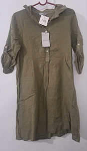 Elena Baldi Womens large ITALIAN LINEN Shirt dress mini Army Green tab sleeve - Picture 1 of 5
