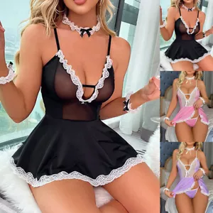 Womens Lace Sexy Lingerie Maid Cosplay Costume Uniform Fancy Dress Sissy Outfit - Picture 1 of 16