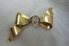 Large" Retro"  1940's 2 Color Gold Moonstone / Sapphire Bow Pin, Solid 14kt Gold