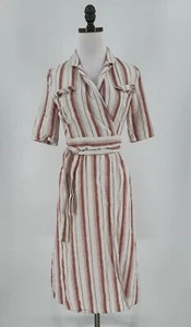 Habitual Womens Red White Striped Linen Blend Short Sleeve Midi Wrap Dress Sz S - Picture 1 of 9
