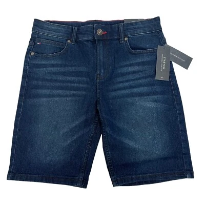 TOMMY HILFIGER Boy’s Blue Jean Shorts Sz 16 Dark Wash Adj Waistband Distressed - Image 1 of 4