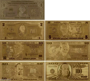 7 BILLETES DE ORO DE EE. UU. $1-$2-$5-$10-$20-$50-$100 viene dentro de los portadores, IDEA DE REGALO, BONITO - Imagen 1 de 10