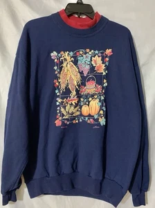 Vtg Morning Star Womens Sweatshirt XL Navy Blue Fall Design Pumpkins Apples  USA - Foto 1 di 11