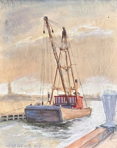 Mabel Wellington Jack watercolor painting Boat at Harbor Dock WPA artist - Picture 1 of 5