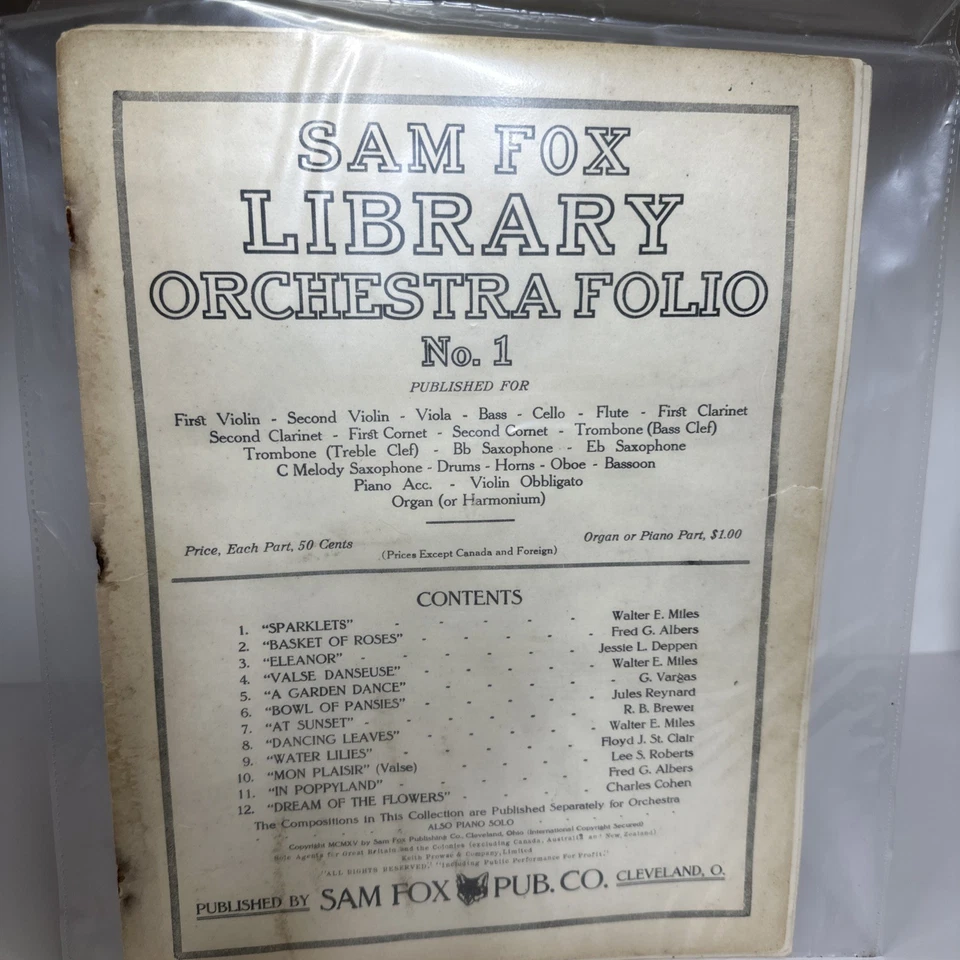 Sam Fox Library Orchestra Folio No.1 Antique Sheet Music Book 1915 - Image 1 of 3