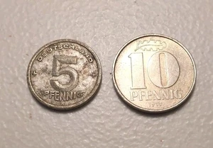 East Germany / GDR 5 Pfennig 1949 and 10 Pfennig 1971 Coins - Picture 1 of 2