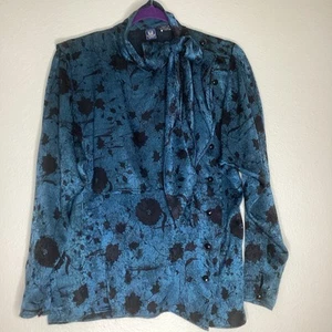 Vintage Emanuel Ungaro Silky Blouse Kitty Bow Teal Italy Lg - Picture 1 of 9