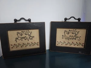 2 Wood Frame Needlework Wall Decor Farmhouse Grannychic Family Matters - Picture 1 of 5