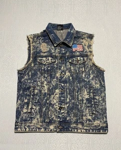 Southpole Denim Vest Mens XL Blue Acid Wash American Flag Patch Distressed Punk - Picture 1 of 8