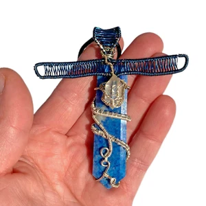 Azurite & Herkimer Diamond Wire Wrap Cross Pendant Artisan Silver Spiritual Gift - Picture 1 of 6