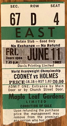 MAPLE LEAF GARDENS COONEY V HOLMES CLOSED CIRCUT FIGHT TICKET 1982 rare on ebay Cover