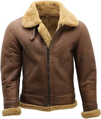Men's B3 RAF Bomber Brown Aviator Flying Fur Shearling Real Leather Jacket Coat - Image 1 of 4