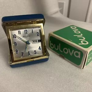 Vintage Bulova Travel Wind Up Alarm Clock Day Date Time Clamshell Blue Works Box - Picture 1 of 14