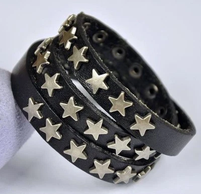 COOL STARS STUDDED MULTI-WRAP VINTAGE LEATHER BRACELET WRISTBAND CUFF MENS BLACK - Image 1 of 4
