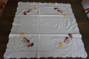 White Cotton Chickens in the Sun Embroidered Tablecloth 33" Square - Picture 1 of 5