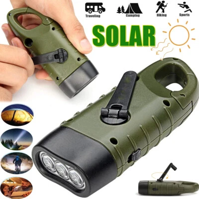 LED Torch Solar Power Hand Crank Flashlight Wind Up Super Bright Camping Light - Image 1 of 4