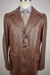 1962-1976 Lakeland Solid Brown 100% Leather Four Button Coat Size: 40 - Picture 1 of 17