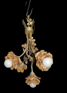 Antique bronze 5 arms amber glass shade floral chandelier lamp - Picture 1 of 7