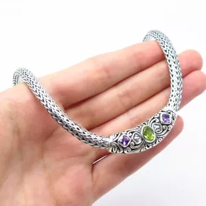 925 Sterling Silver Vintage Real Peridot & Amethyst Gem Wheat Chain Necklace 14" - Picture 1 of 5