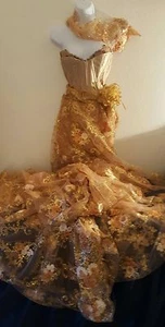 Exotic Gold Corset Embroidered Lace Lehenga Sari Saree Bridal Wedding Gown - Picture 1 of 11