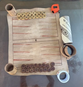 Suede Leather Backgammon Travel Roll Up Game Mat + Pieces NICE! - Picture 1 of 7