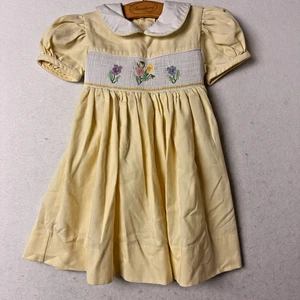 House Of Hatten dress sz 2T butter yellow smocked floral collared back tie VTG - Picture 1 of 5