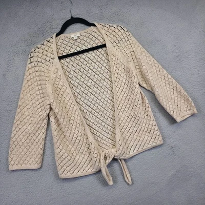 J Jill Top Womens M Beige Tie Front Linen Blend Crochet Boho Coastal Cardigan - Image 1 of 4