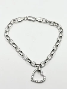 925 Sterling Silver Oval Link Chain Heart Charm Bracelet 7” Vintage - Picture 1 of 11