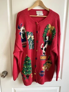 Vintage Marisa Christina Christmas Cats Sweater 2X Red Colorful Novelty Bells - Picture 1 of 14