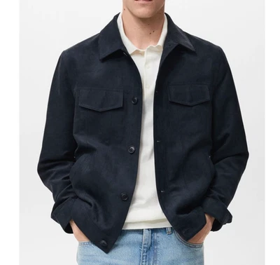 Men Blue Pure Suede Leather Jacket Slim Fit Trucker Jacket Custom Size S M L XL - Image 1 of 4