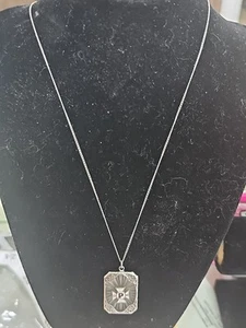 Vintage Art Deco Filigree Camphor Glass 18" Sterling Silver Necklace #9789 - Picture 1 of 8