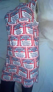VTG 70S WOMENS M BUDWEISER BEER ADVERTISING TILED LOGO AOP ZIP COTTON DRESS - Picture 1 of 7