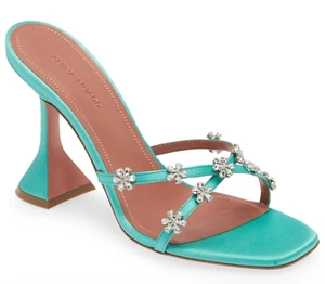 NIB Amina Muaddi Lily Caribbean Blue Satin Crystal Flower Mule Pumps 37.5 $1255 - Picture 1 of 19