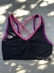 Reebok Sports Bra Womens Medium pink purple black Stretch Logo Active Yoga - Picture 1 of 4