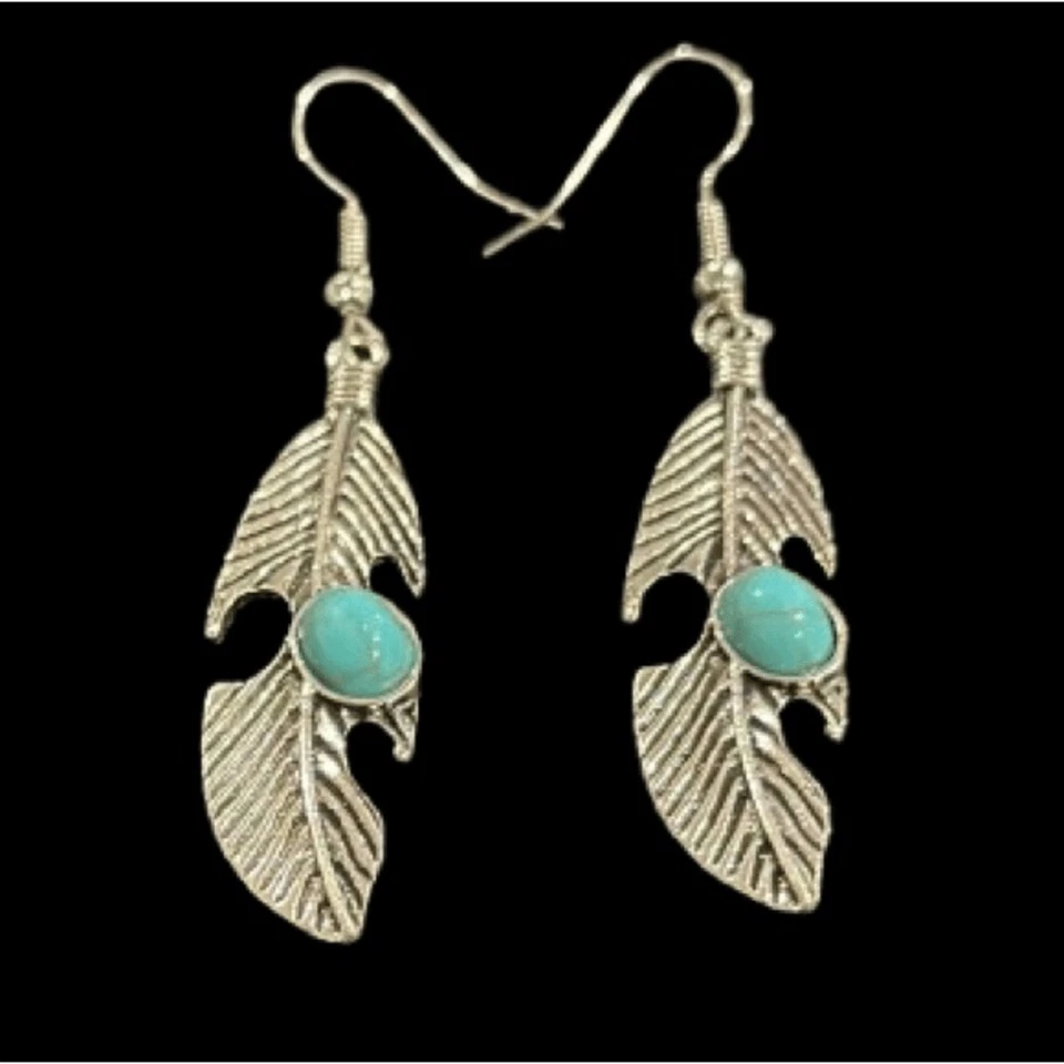 Pendientes Boho Pluma Plata con Imitación Turquesa, Estilo Nativo Americano Occidental Foto 1 de 4