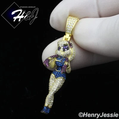925 STERLING SILVER ICY BLING CZ GOLD PLATED 3D BLUE/PURPLE CARTOON PENDANT*G417 - Image 1 of 4
