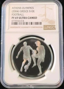 2004 GREECE SILVER 10 EURO ATHENS FOOTBALL NGC PF 69 ULTRA CAMEO SCARCE TOP POP - Picture 1 of 5