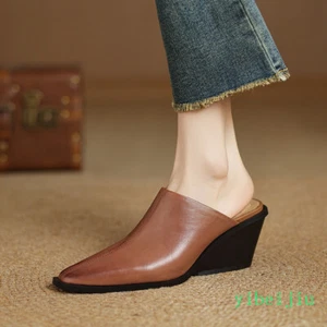 Women's Pointed Toe Mules Slippers Leather Sandals Mules Mid Block Heel Shoes OL - Picture 1 of 21