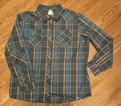 LL BEAN XXL Katahdin Snap Front Shirt Polyester Wool Plaid 298102 blue orange  - Image 1 of 4