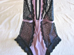 Vintage Sheer Teddy Slinky Pink + Black Lace M/L Halter Low Back Sexy Sleepwear - Picture 1 of 7